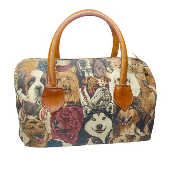 Vintage Canvas Dog Print Animal Tapestry Barrel Handbag Leather Handle Tote Bag - Picture 1 of 15
